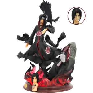 28CM Itachi Uchiha Naruto action figure with Akatsuki cloak, crows, fire base, and extra face sculpt