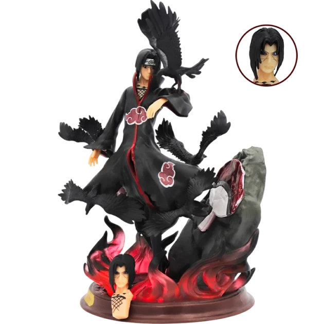 28CM Itachi Uchiha Naruto action figure with Akatsuki cloak, crows, fire base, and extra face sculpt