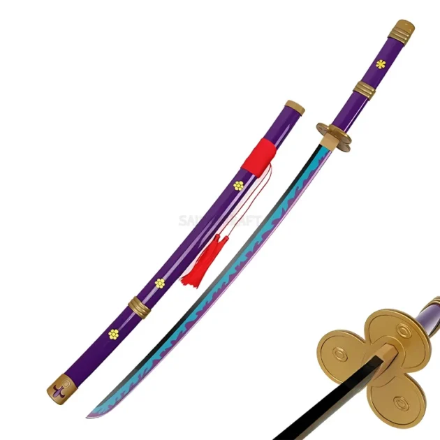 Roronoa Zoro 104CM Enma wooden katana with purple sheath and gold accents – One Piece cosplay sword.