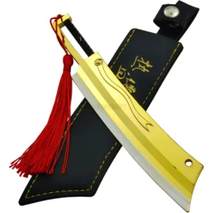 17CM golden mini katana with etched blade, black sheath, and red tassel – collectible decorative sword