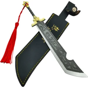 19CM black engraved mini sword with gold hilt, red tassel, and black sheath – collectible Japanese-inspired blade