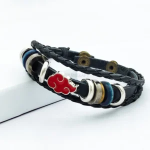 Black leather Akatsuki bracelet with red cloud emblem and adjustable fit – Naruto anime wristband