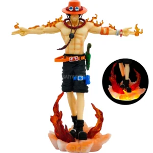 Portgas D. Ace 28CM One Piece action figure with LED light base, flame effects, and battery-powered feature