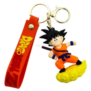 PVC Goku keychain for Dragon Ball Z fans – durable, lightweight anime collectible featuring chibi Goku on Flying Nimbus for keys and bags.