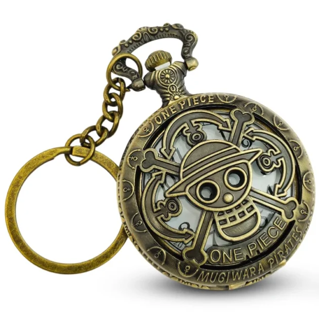 One Piece Luffy Jolly Roger pocket watch keychain – vintage bronze anime collectible with functional quartz clock for fans and cosplay.