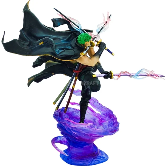 Roronoa Zoro One Piece 37CM LED Action Figure with Interchangeable Heads and Glowing Sword Aura