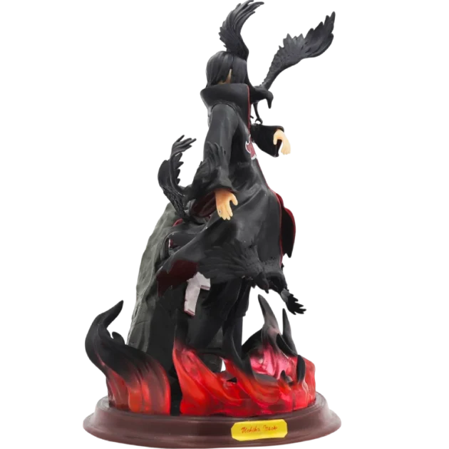 28CM Itachi Uchiha Naruto action figure with Akatsuki cloak, crows, fire base, and extra face sculpt