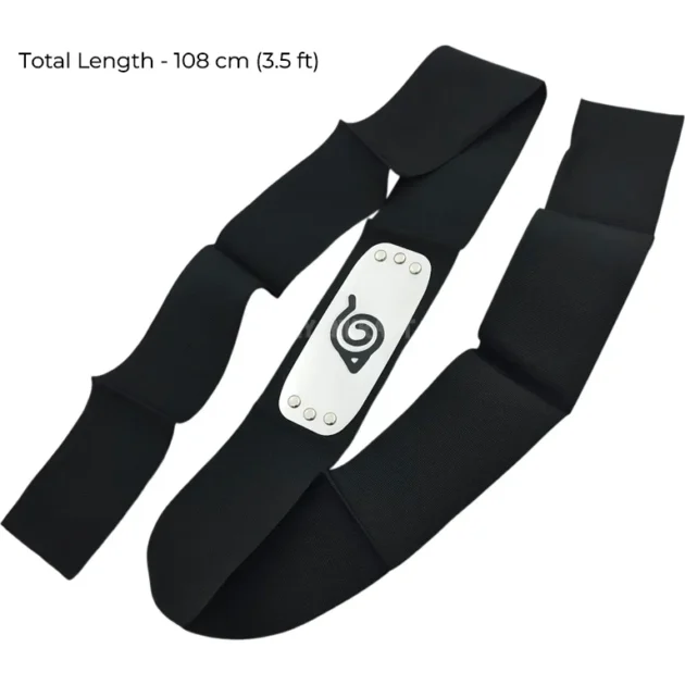 Naruto Konoha Village headband 108cm black fabric with stainless steel plate for anime cosplay and collectors.
