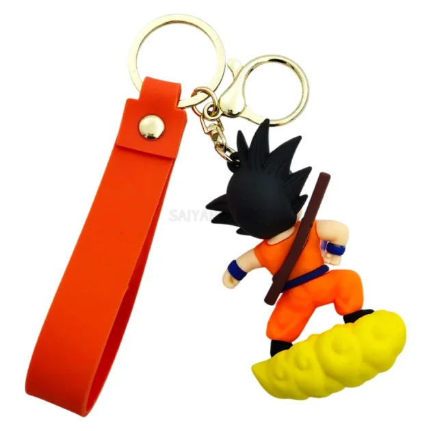 PVC Goku keychain for Dragon Ball Z fans – durable, lightweight anime collectible featuring chibi Goku on Flying Nimbus for keys and bags.