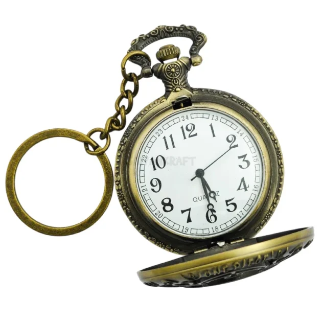 One Piece Luffy Jolly Roger pocket watch keychain – vintage bronze anime collectible with functional quartz clock for fans and cosplay.