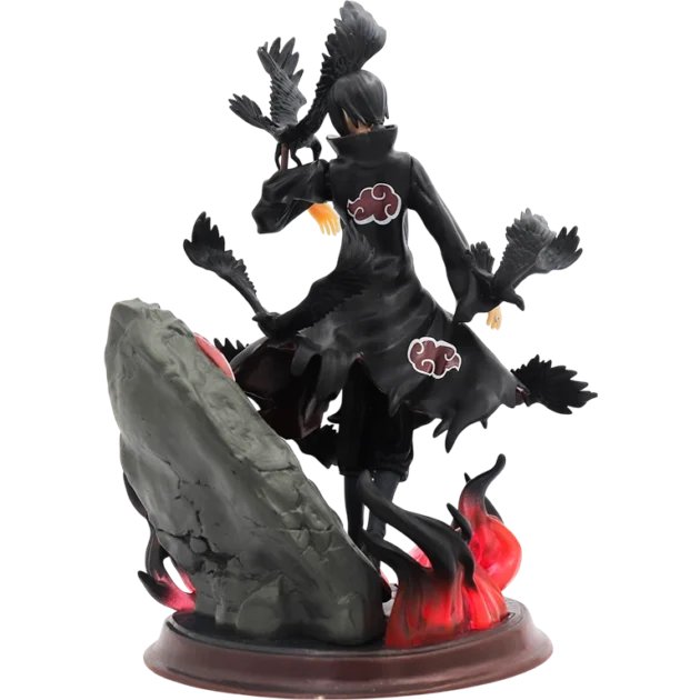 28CM Itachi Uchiha Naruto action figure with Akatsuki cloak, crows, fire base, and extra face sculpt