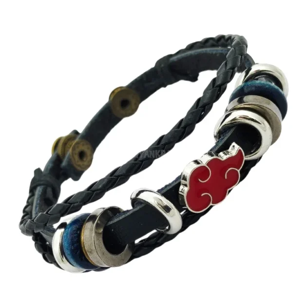 Black leather Akatsuki bracelet with red cloud emblem and adjustable fit – Naruto anime wristband