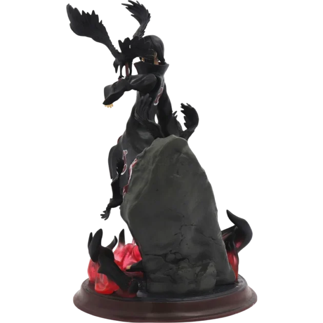 28CM Itachi Uchiha Naruto action figure with Akatsuki cloak, crows, fire base, and extra face sculpt