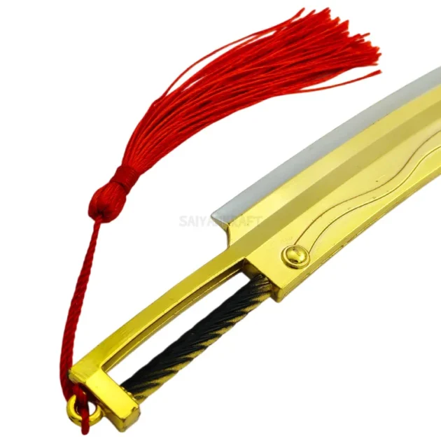 17CM golden mini katana with etched blade, black sheath, and red tassel – collectible decorative sword