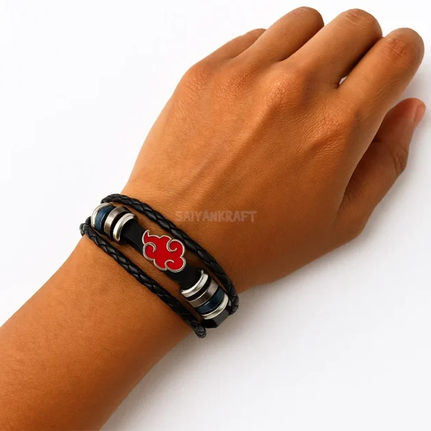 Black leather Akatsuki bracelet with red cloud emblem and adjustable fit – Naruto anime wristband