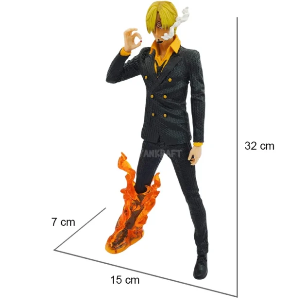 One Piece Sanji 32CM anime action figure with flaming leg kick in black suit – collectible by SaiyanKraft