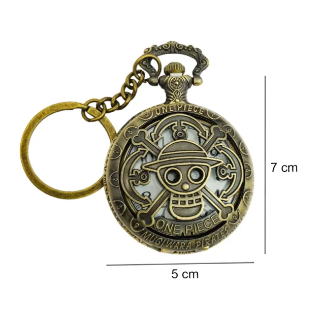 One Piece Luffy Jolly Roger pocket watch keychain – vintage bronze anime collectible with functional quartz clock for fans and cosplay.