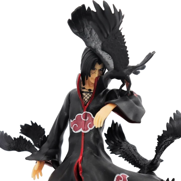 28CM Itachi Uchiha Naruto action figure with Akatsuki cloak, crows, fire base, and extra face sculpt