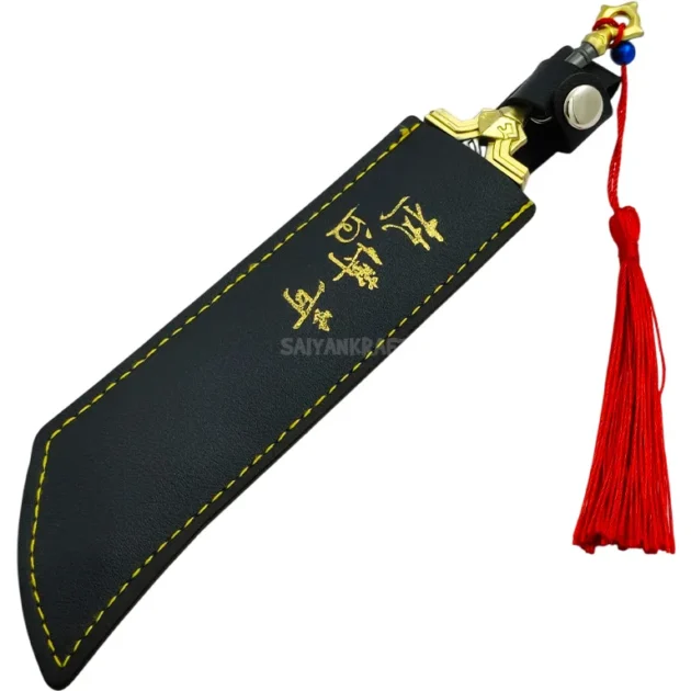 19CM black engraved mini sword with gold hilt, red tassel, and black sheath – collectible Japanese-inspired blade
