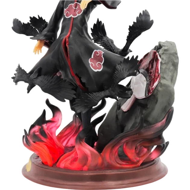 28CM Itachi Uchiha Naruto action figure with Akatsuki cloak, crows, fire base, and extra face sculpt