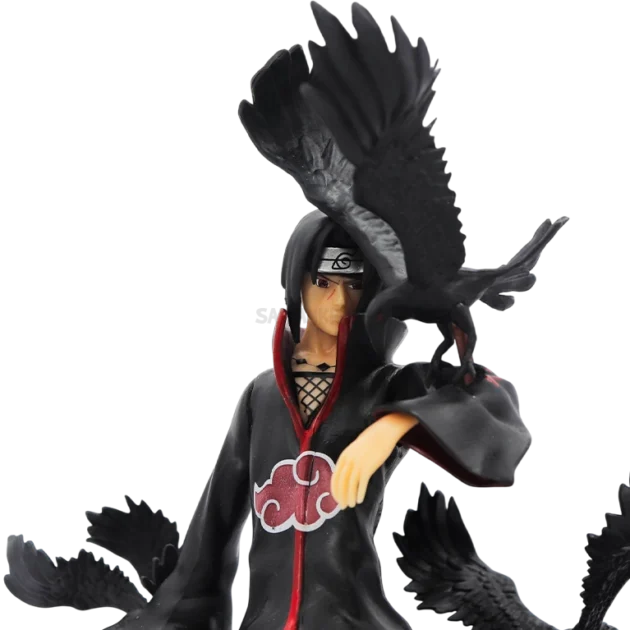 28CM Itachi Uchiha Naruto action figure with Akatsuki cloak, crows, fire base, and extra face sculpt
