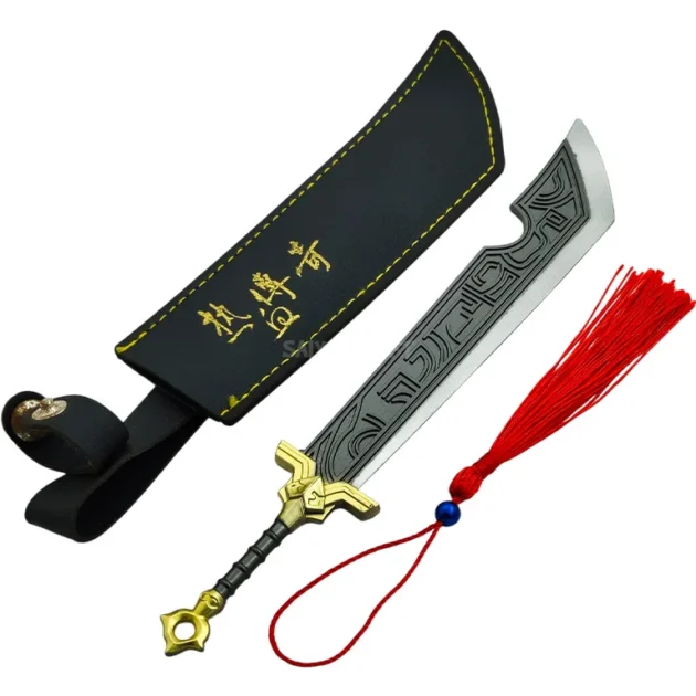 19CM black engraved mini sword with gold hilt, red tassel, and black sheath – collectible Japanese-inspired blade